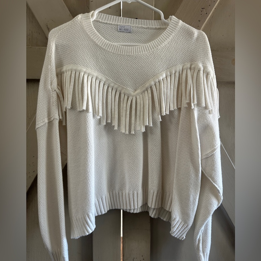 West of Melrose White Fringe Sweater Large Boho Western Textured Knit Pullover